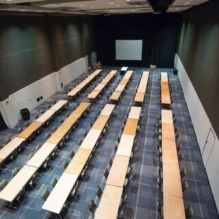 Fort Wayne New Carpet Convention Hall Aerial View Long Table Setup